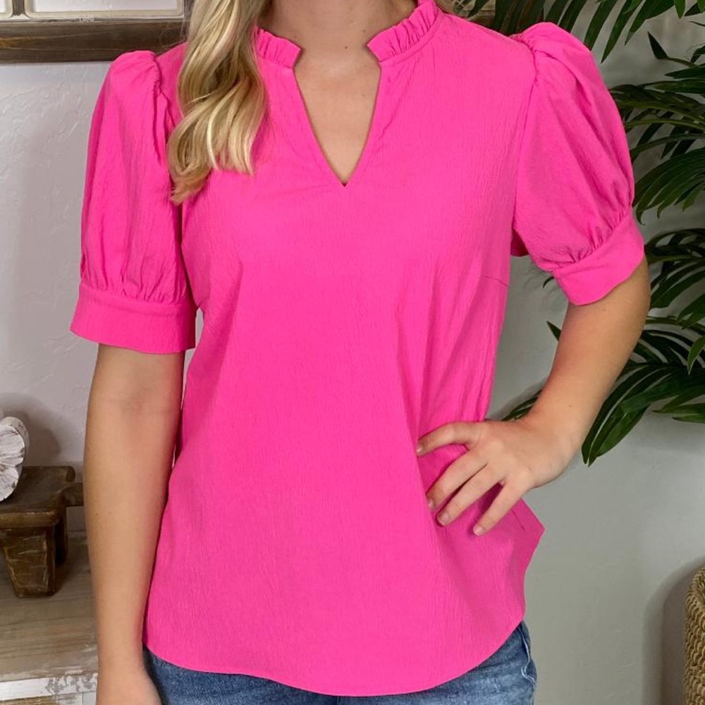 Jodifl Bright Pink Puff Sleeve V-Neck Women's Top